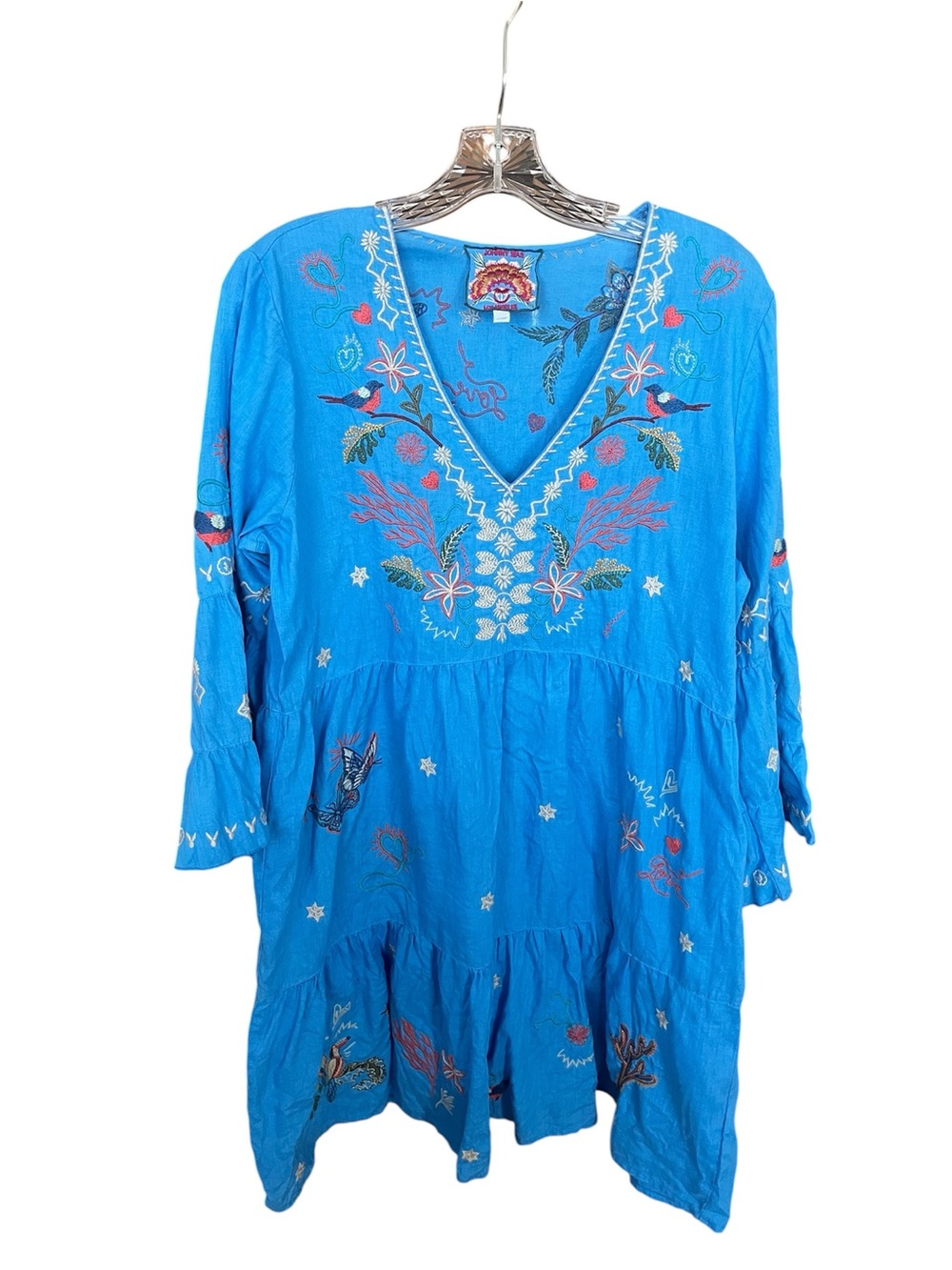Johnny Was Zoe Dress Embroidered Hearts Birds Floral Boho Linen Large blue
